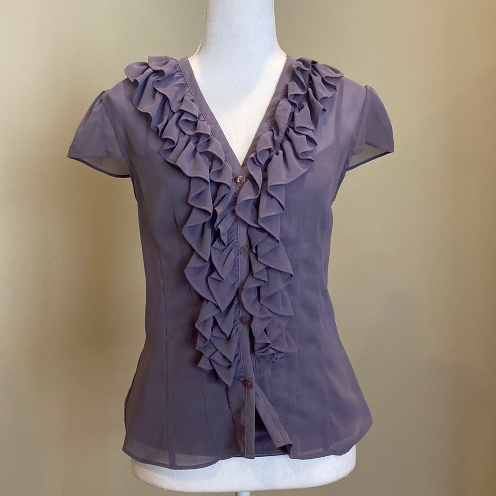 Purple Two-piece, Buttoned Front Blouse with Ruffled Design and Cap Sleeves